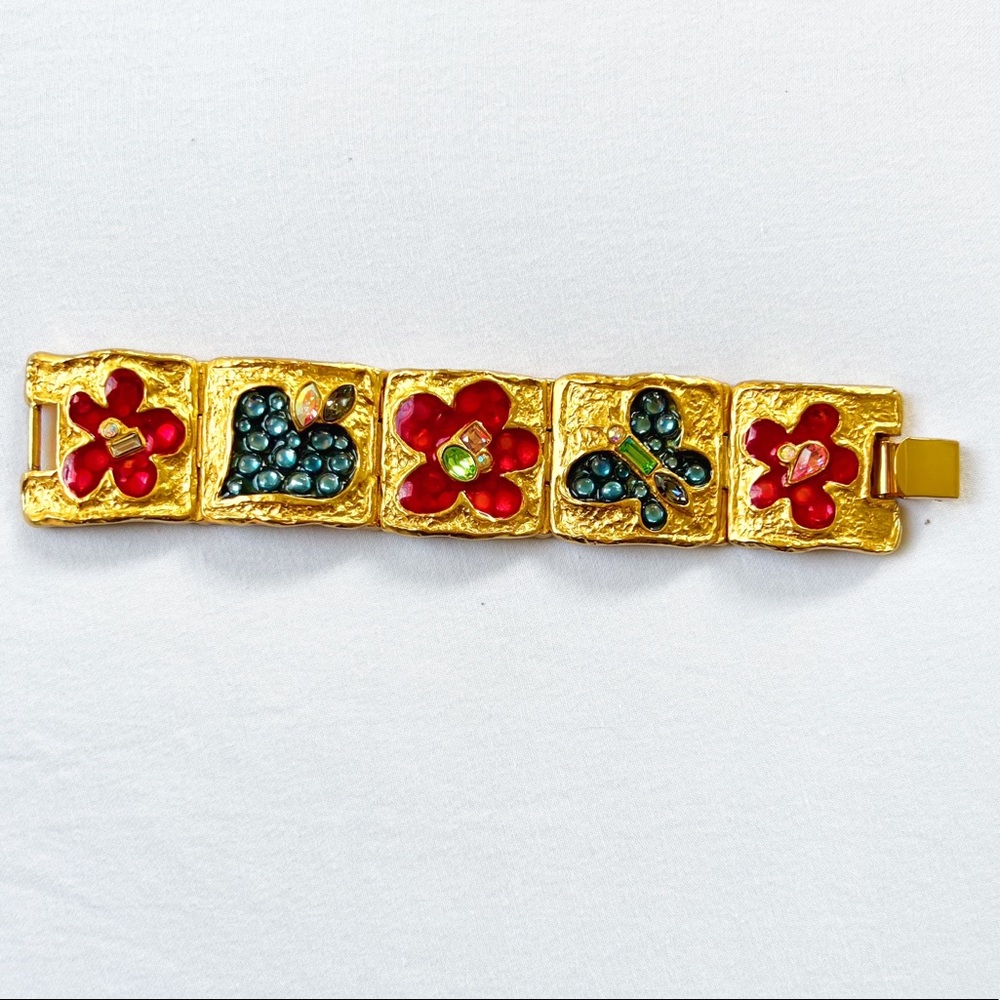 Vintage Christian Lacroix Bijoux Enameled Gold Metal Bracelet - Signed RARE